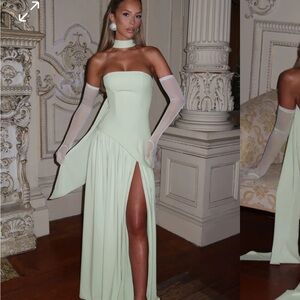 Green Strapless Gown with High Slit for Weddings